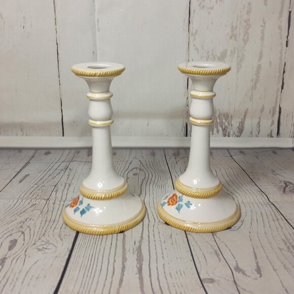 Floral Candle Holders Nora Fenton Made In Italy Set Of 2 Hand Painted Numbered - Picture 2 of 14